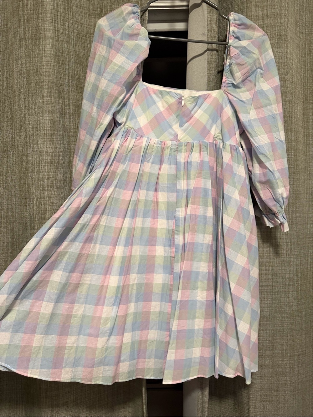 Storia Pastel Plaid Puff-Sleeve Dress in Pink, Blue, Green & Cream - Picture 3 of 3